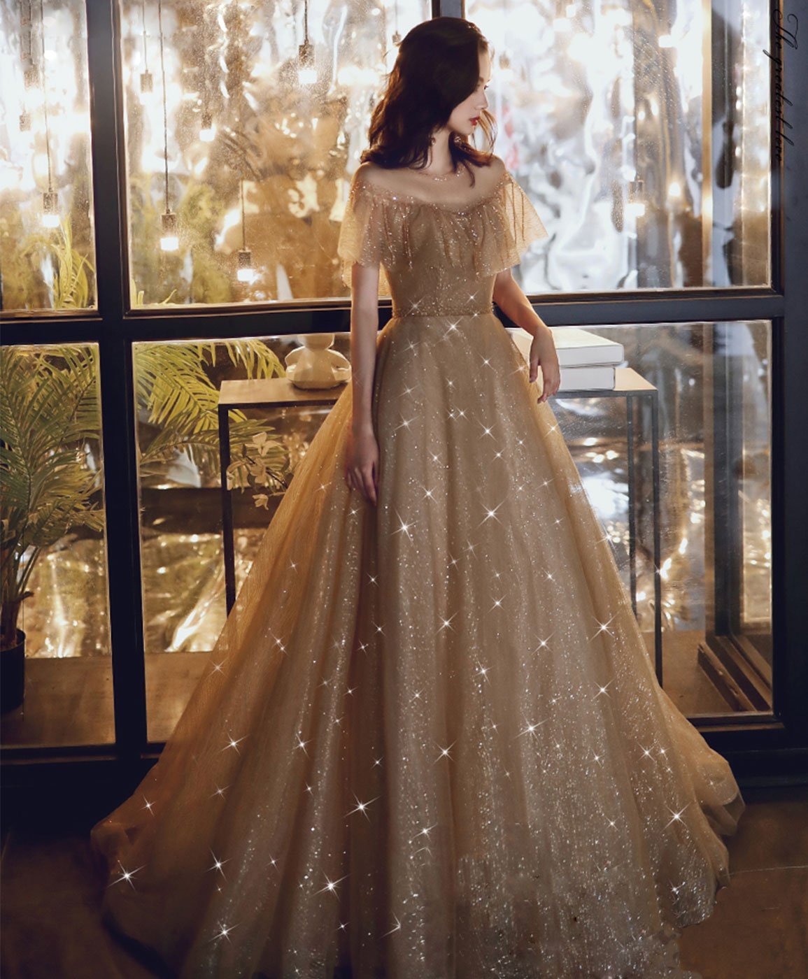 Gold sequins tulle long prom dress  8171