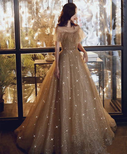 Gold sequins tulle long prom dress  8171