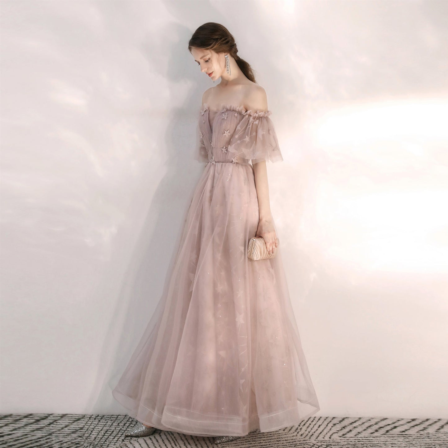 Light pink tulle long prom gown  8170