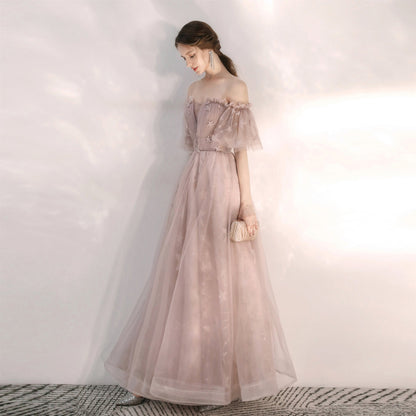 Light pink tulle long prom gown  8170