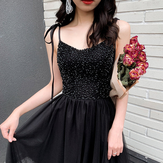 Black tulle beads long prom dress, black evening dress  8028