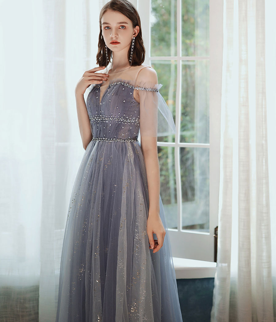 A line tulle sequins long prom dress  8341