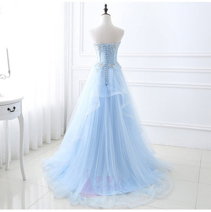 Blue tulle lace long prom dress, blue lace evening dress  8039
