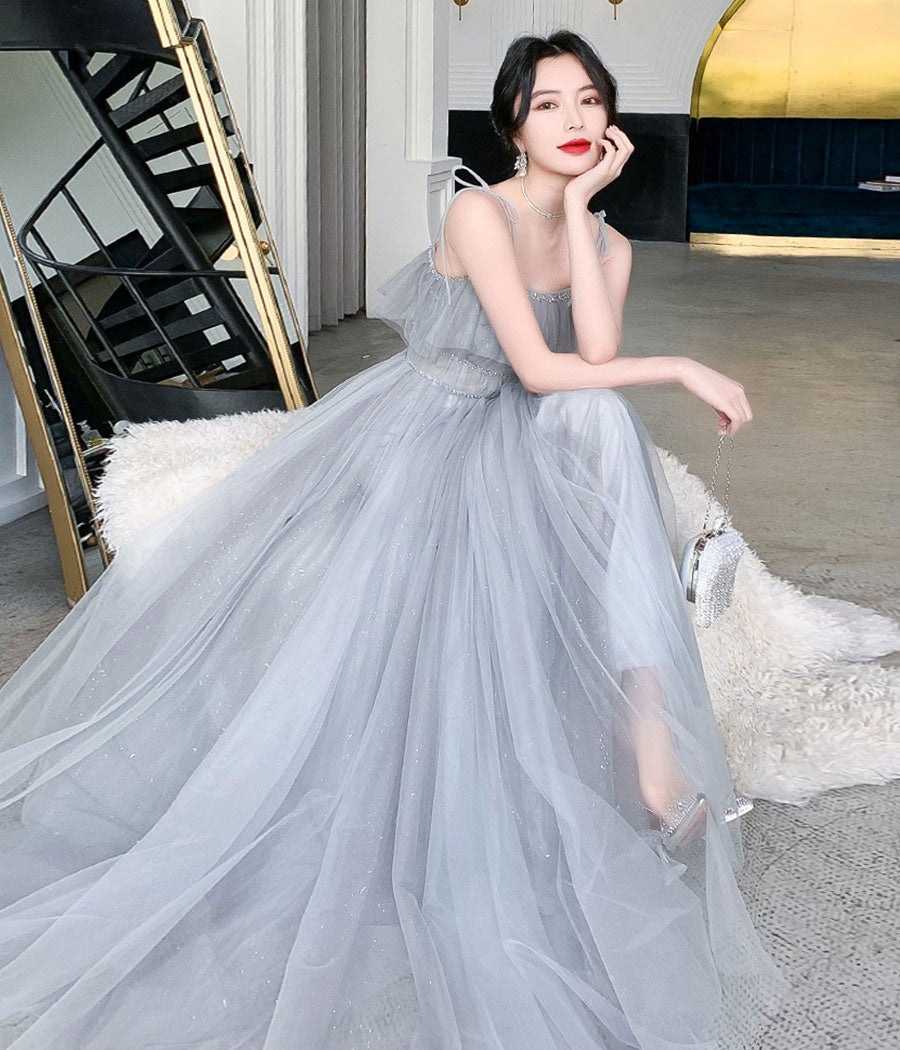 Gray tulle sequins long prom dress party dress  8342