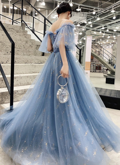Blue tulle sequins long prom dress evening dress  8322