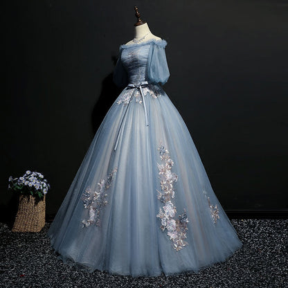 Gray blue tulle lace long prom gown, formal dress  7959