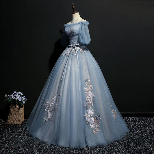 Gray blue tulle lace long prom gown, formal dress  7959