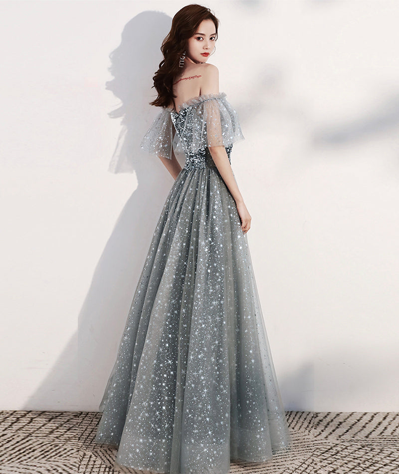 Shiny tulle long prom dress with sequins gray evening dress  8405