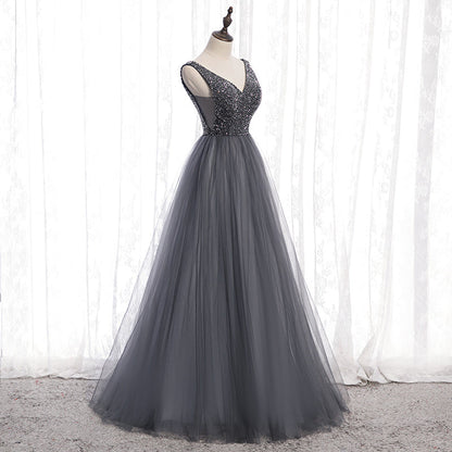 Gray v neck tulle beads long prom dress  8159