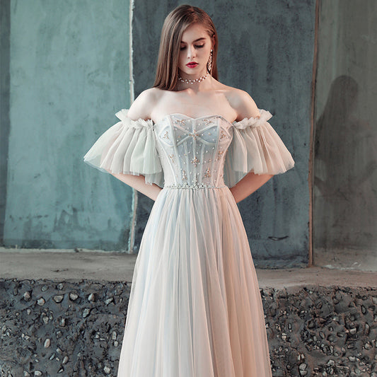 Stylish tulle off shoulder long prom dress, evening dress  7861