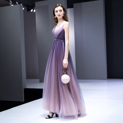 Purple v neck tulle long prom dress  8199