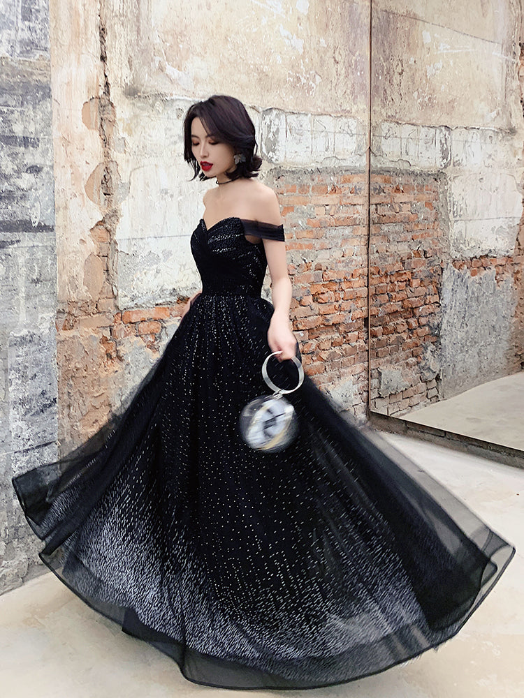 Black tulle sequins long prom dress, off shoulder evening dress  8080