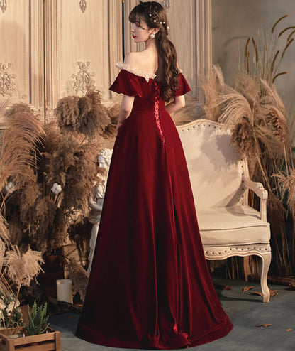 Burgundy velvet long prom dress evening dress  8383