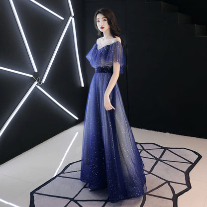 Blue tulle sequins long prom dress  8336