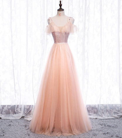 Pink tulle sequins long prom dress  8348