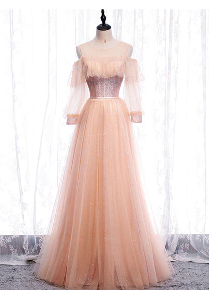 Pink tulle sequins long prom dress  8348