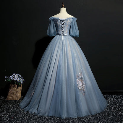 Gray blue tulle lace long prom gown, formal dress  7959