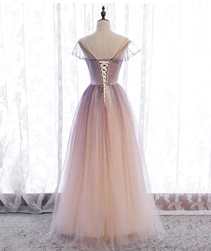 Elegant tulle sequins prom dress A line evening dress  8376