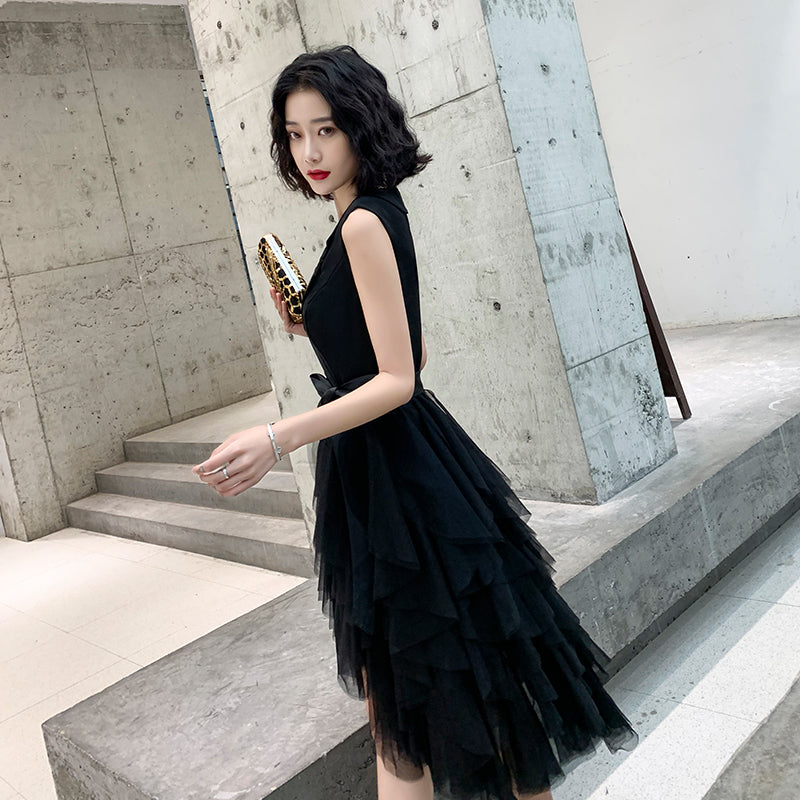 Black v neck short prom dress, evening dress  8022
