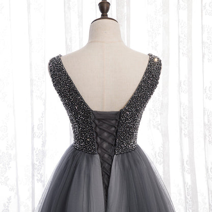 Gray v neck tulle beads long prom dress  8159