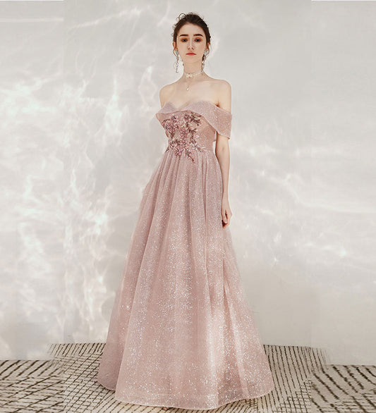 Shiny sequins prom dress pink evening dress  8235