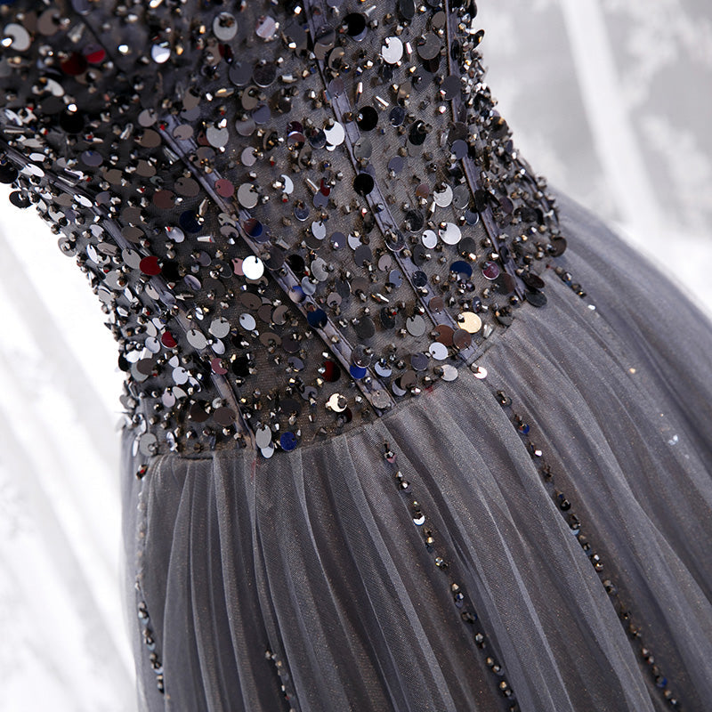 Gray tulle sequins long prom dress  8158