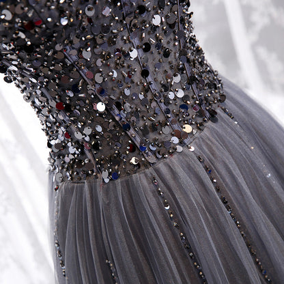 Gray tulle sequins long prom dress  8158
