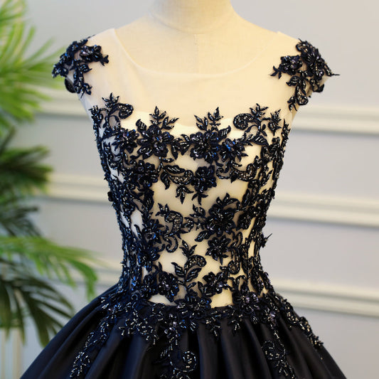 Dark blue lace long prom gown, evening dress  8059