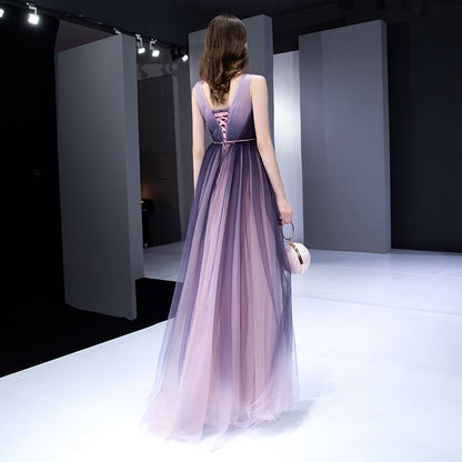 Purple v neck tulle long prom dress  8199