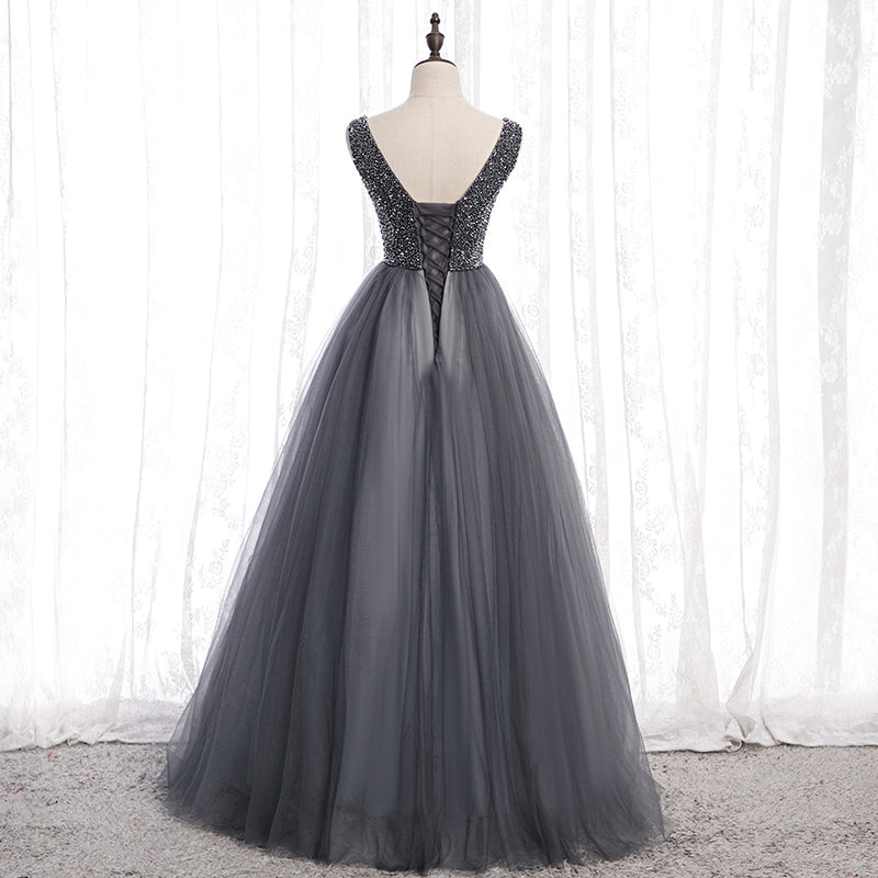 Gray v neck tulle beads long prom dress  8159