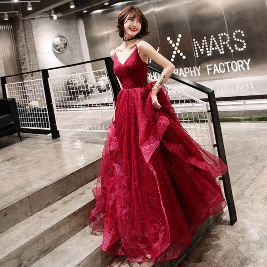 Stylish v neck tulle long prom dress, evening dress  8058