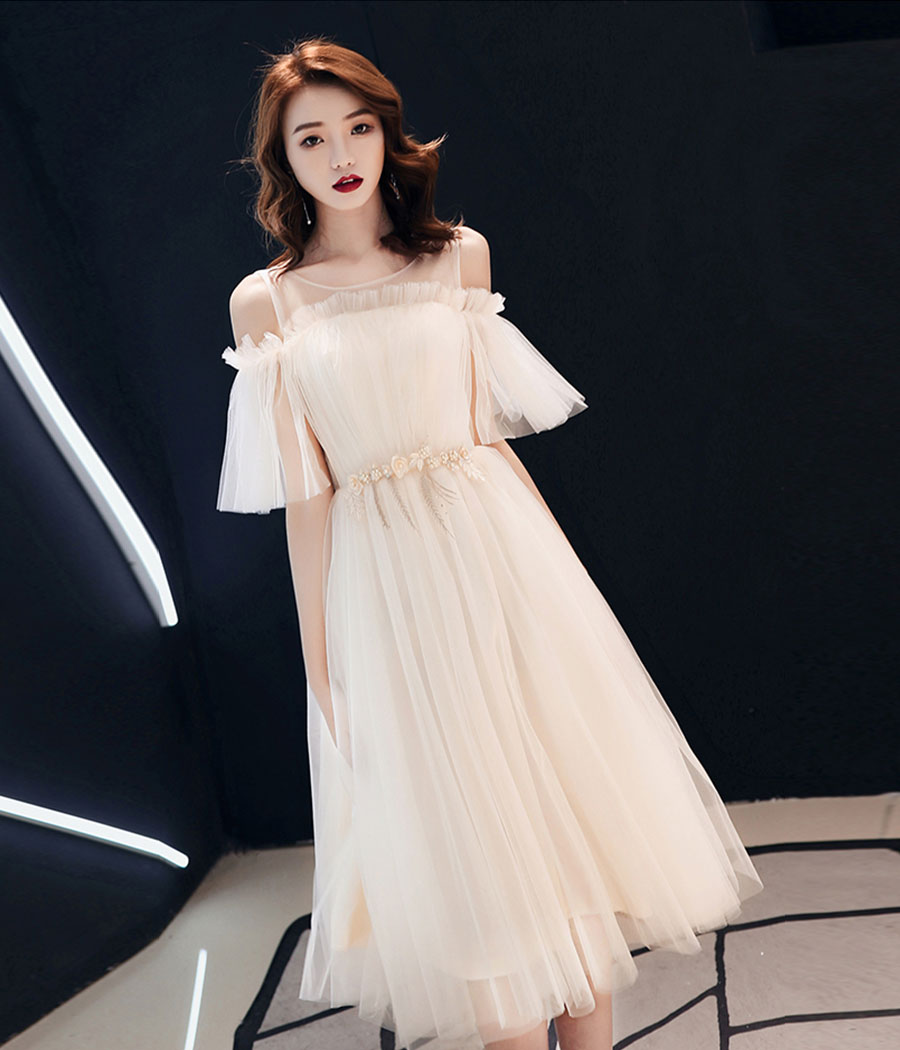 Cute champagne tulle prom dress evening dress  8338