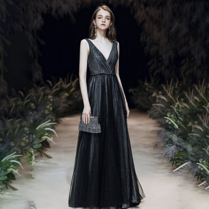 Shiny black v neck tulle long prom dress  8200
