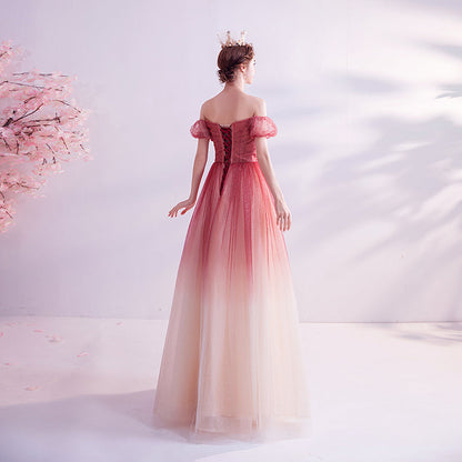 Burgundy tulle long prom dress evening dress  8272