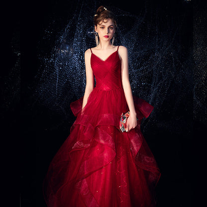 Burgundy tulle long prom dress formal dress  8295
