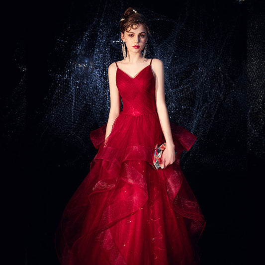 Burgundy tulle long prom dress formal dress  8295