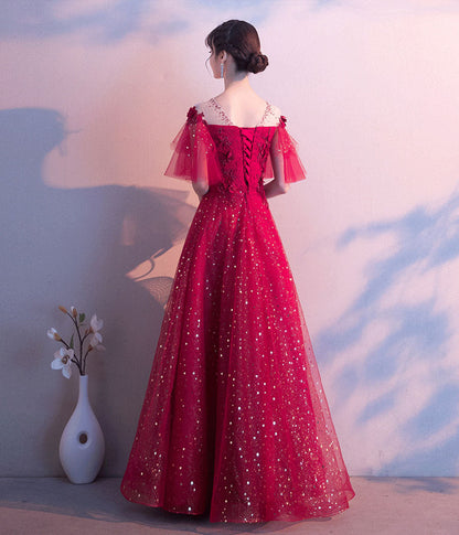 Burgundy tulle sequins prom dress evening dress  8339