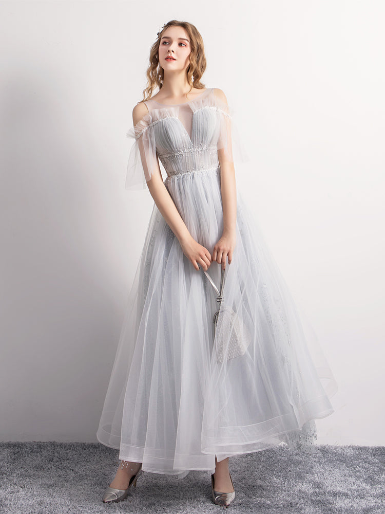 Gray tulle short prom dress party dress  8347