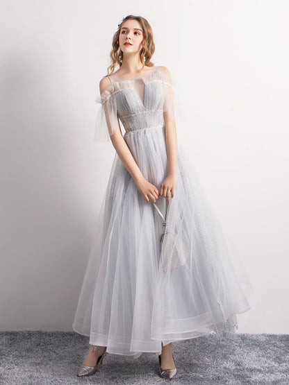 Gray tulle short prom dress party dress  8347