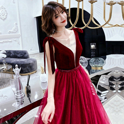 Burgundy velvet tulle long prom dress party dress  8193