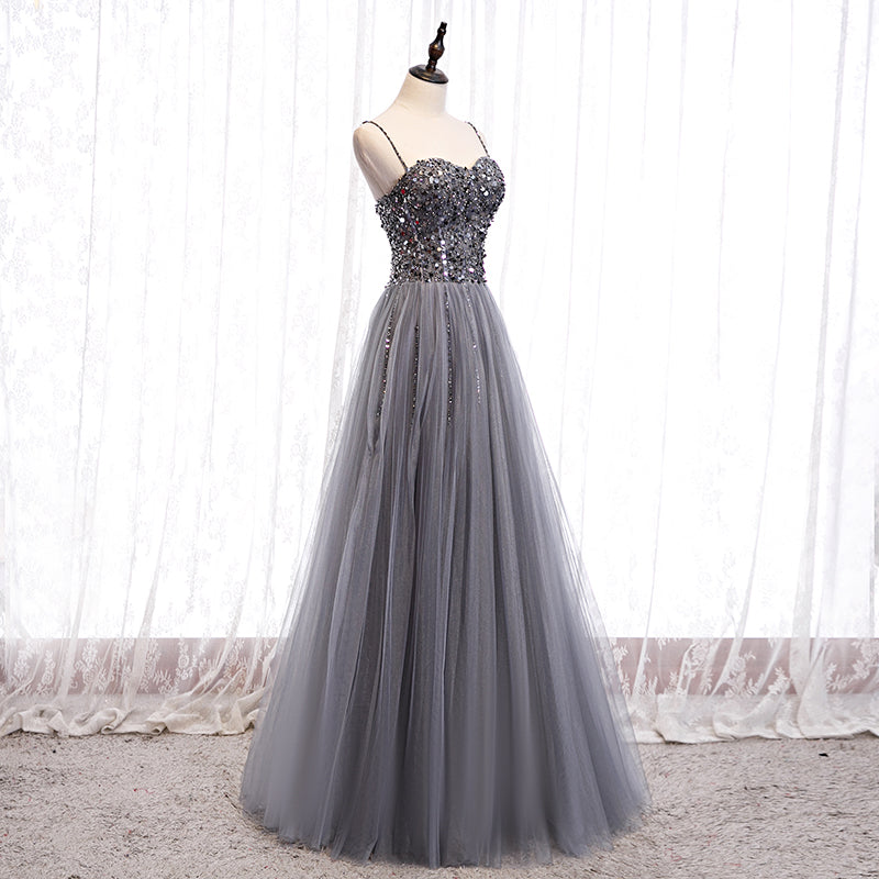 Gray tulle sequins long prom dress  8158