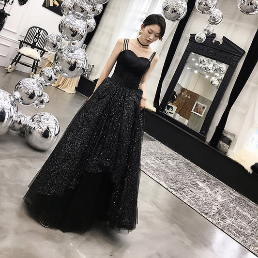 Black sweetheart neck tulle long prom dress, black dress  8079