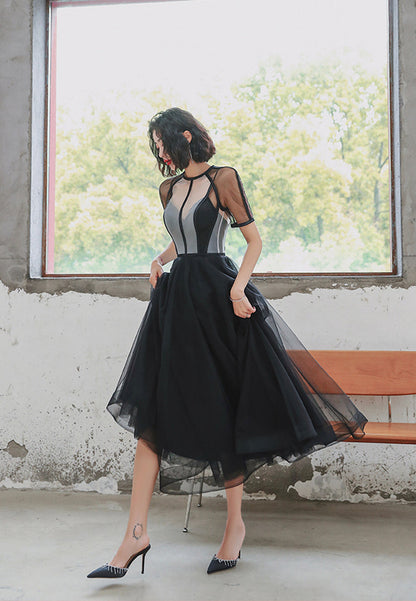 Black tulle short prom dress party dress  8309