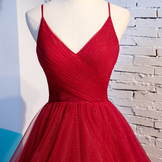 Burgundy v neck tulle long prom dress, evening dress  7985