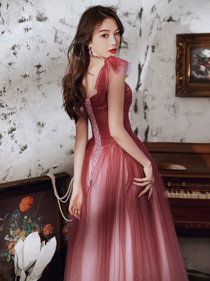 Burgundy tulle sequins long prom dress  8313