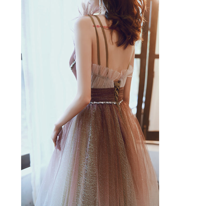Stylish v neck tulle sequins prom dress evening dress  8234