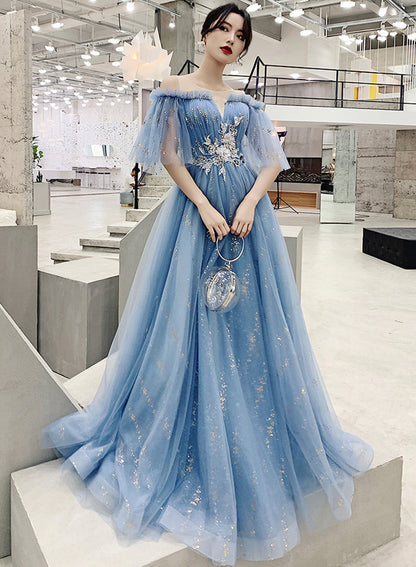 Blue tulle sequins long prom dress evening dress  8322