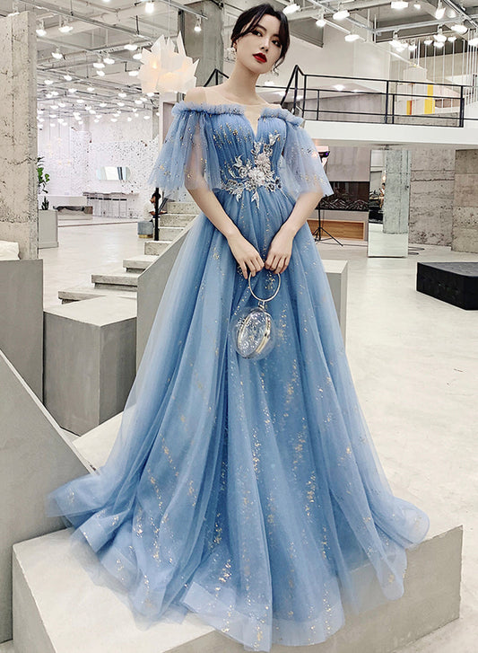 Blue tulle sequins long prom dress evening dress  8322