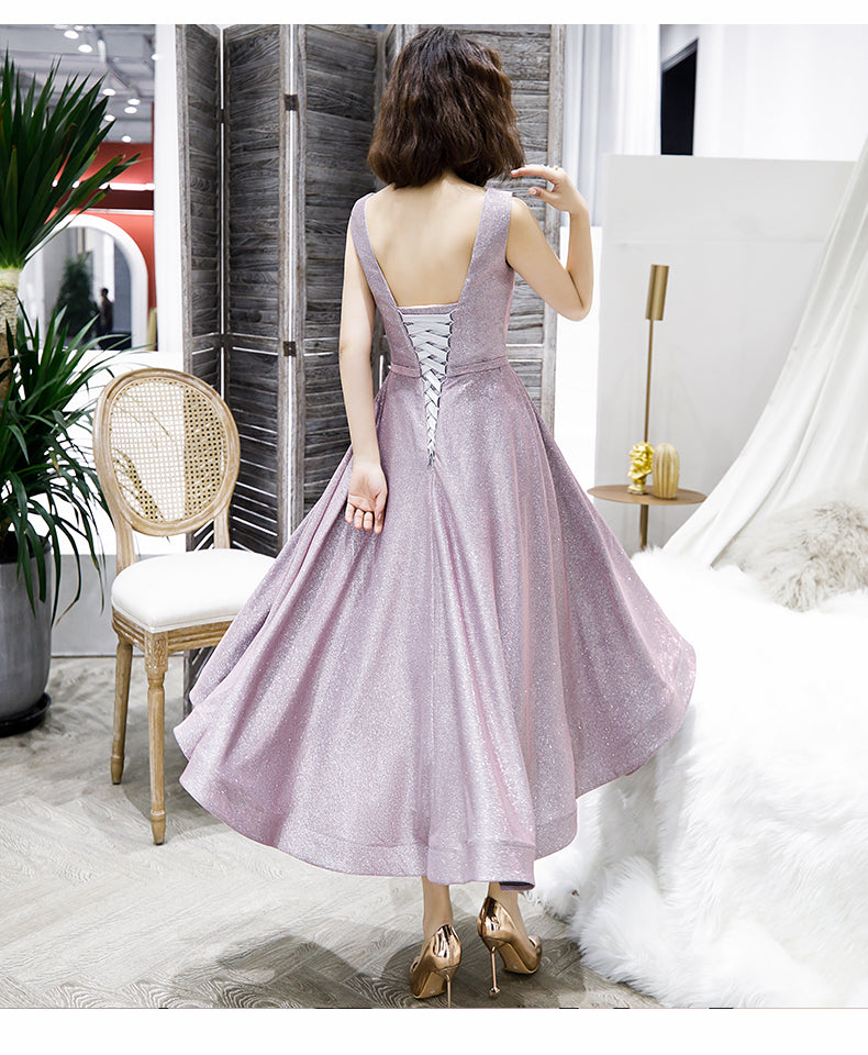 Shiny v neck short prom dress blue evening dress  8361