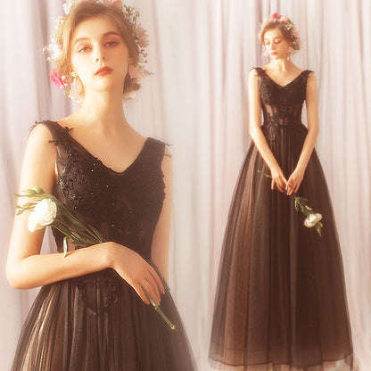 Black v neck tulle lace long prom dress, lace evening dress  7849